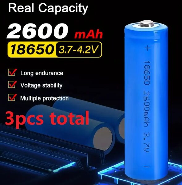 3PCS 18650 Rechargeable Battery 3.7V 2600mAh Li-ion Button Top