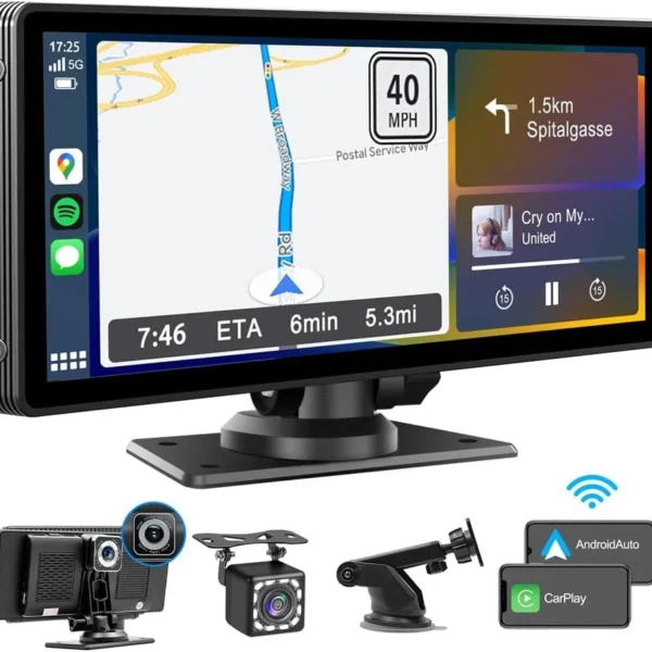10.26” Car Play with Dual Dash Cam – Front & Rear Car Camera, Wireless, Apple CarPlay & Android Auto