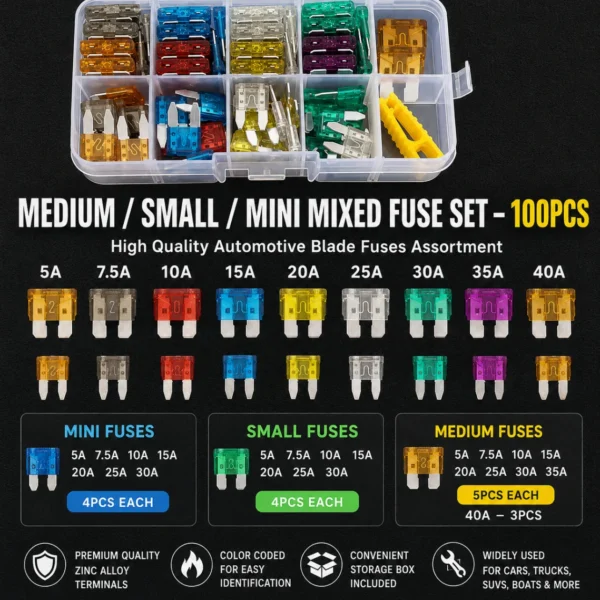 100PCS Automotive Blade Fuse Assortment Kit Mini Small Medium Car Truck Fuse Set