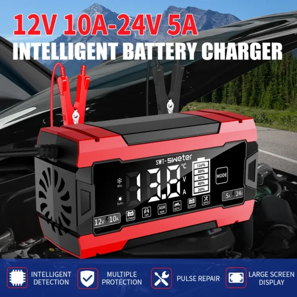 10A Smart Automatic Battery Charger with LCD Display, Winter Mode, for Car Truck Motorcycle Marine