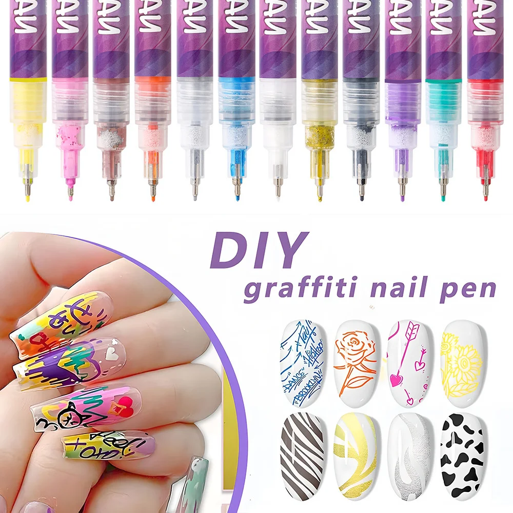 12-colors-nail-art-pens-set1 12 Colors Nail Art Pens Set 3D DIY Nail Design Marker Liner Pens - Image 1