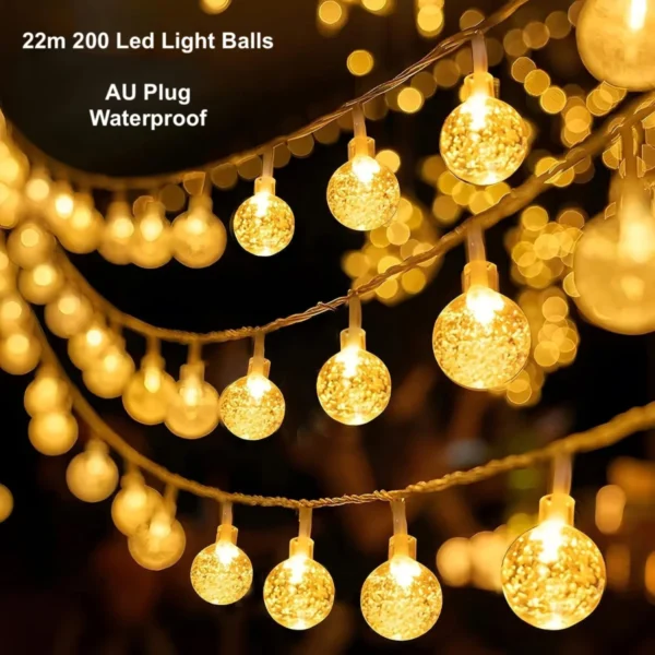 200LED Crystal Globe String Lights 22m Plug-In AU for Garden & Christmas