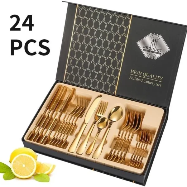 24-Piece Gold Stainless Steel Cutlery Set | Knives, Spoons & Forks with Gift Box