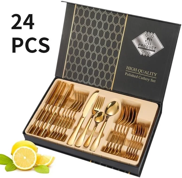 24-piece-gold-stainless-steel-cutlery-set1 24-Piece Gold Stainless Steel Cutlery Set | Knives, Spoons & Forks with Gift Box - Image 1
