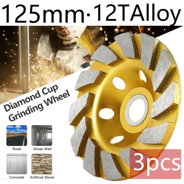 3pcs 125mm Diamond Cup Grinding Wheel – Concrete, Marble, Tile