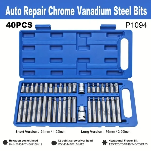 40PCS Hex, Torx & Spline Socket Bit Set – Car Repair Auto Tools with 3/8” & 1/2” Drive