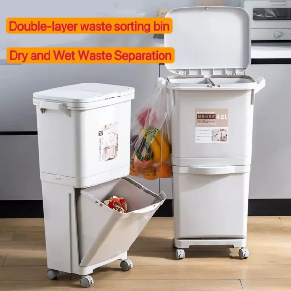 42L Double-Layer Garbage Bin – Dry & Wet Separation with Lid and Wheels