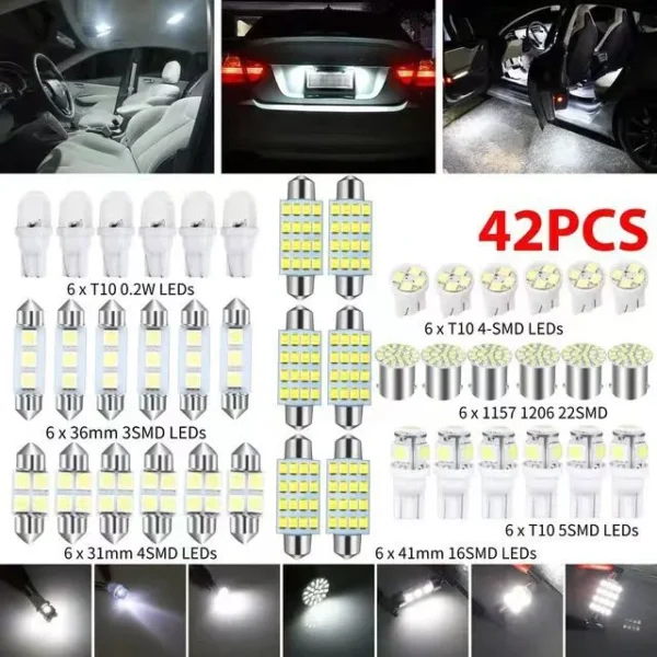 42PCS Car Interior LED Light Kit – T10 12V Dome, Map, License Plate & Trunk Bulbs