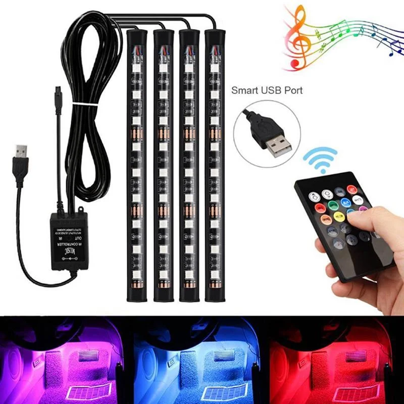 4pcs-rgb-led-car-interior-strip-lights1 4PCS Car RGB LED Strip Lights – USB Powered Interior Neon Lights with Remote - Image 1