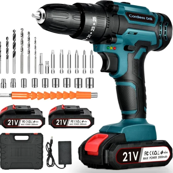 Cordless Drill Driver – Electric Screwdriver with 2 Batteries & Charger
