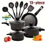 Non-Stick Cookware Set, Portable Lightweight Cast Iron Pots and Pans with Glass Lids and Nylon Utensils