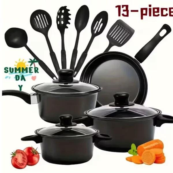 Non-Stick Cookware Set, Portable Lightweight Cast Iron Pots and Pans with Glass Lids and Nylon Utensils