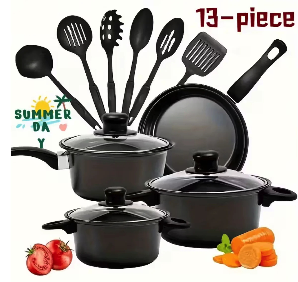 non-stick-cookware-set-portable-lightweight1 Non-Stick Cookware Set, Portable Lightweight Cast Iron Pots and Pans with Glass Lids and Nylon Utensils - Image 1