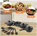 Non-Stick Cookware Set, Portable Lightweight Cast Iron Pots and Pans with Glass Lids and Nylon Utensils - Image 7