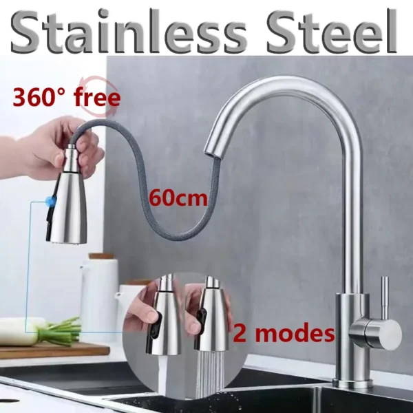 Pull-Out Kitchen Sink Mixer Tap – Stainless Steel, Dual Function Hot & Cold Water