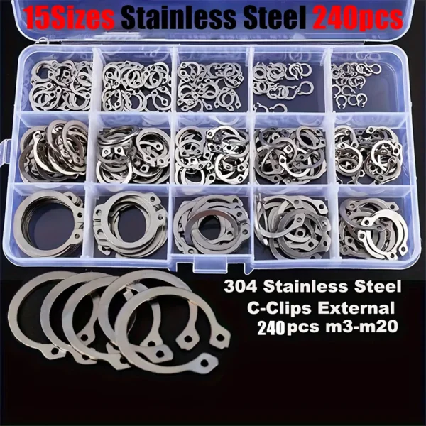 240-Piece Set of 15 Sizes of C-Clamp External Retaining Ring