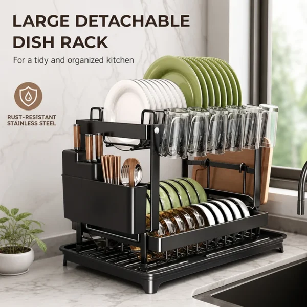 1 Pcs 2‑Tier Detachable Dish Drying Rack, Metal Multifunctio