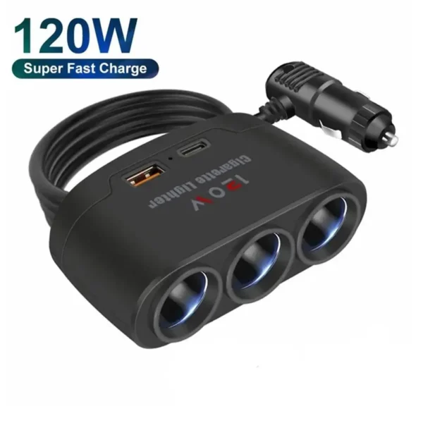 3 in 1 Dual USB Socket 120W Car Cigarette Lighter Splitter 1
